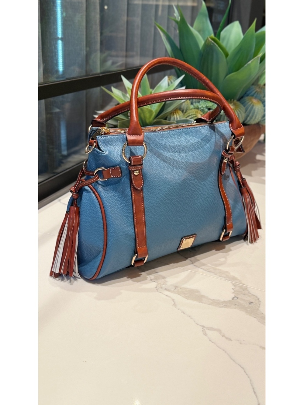Blue and Brown Leather Satchel Handbag with Tassels